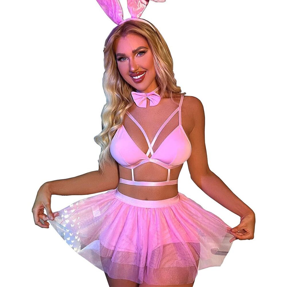 7725 Sexy Bunny Rave Outfits Mesh Cosplay Lingerie Metallic Crop Top Pink